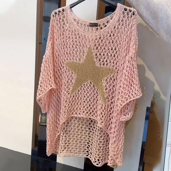 Knitted net top with round neck & crochet pattern - Noelle-Pink-M-State of Style