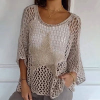 Knitted net top with round neck & crochet pattern - Noelle-White-M-State of Style