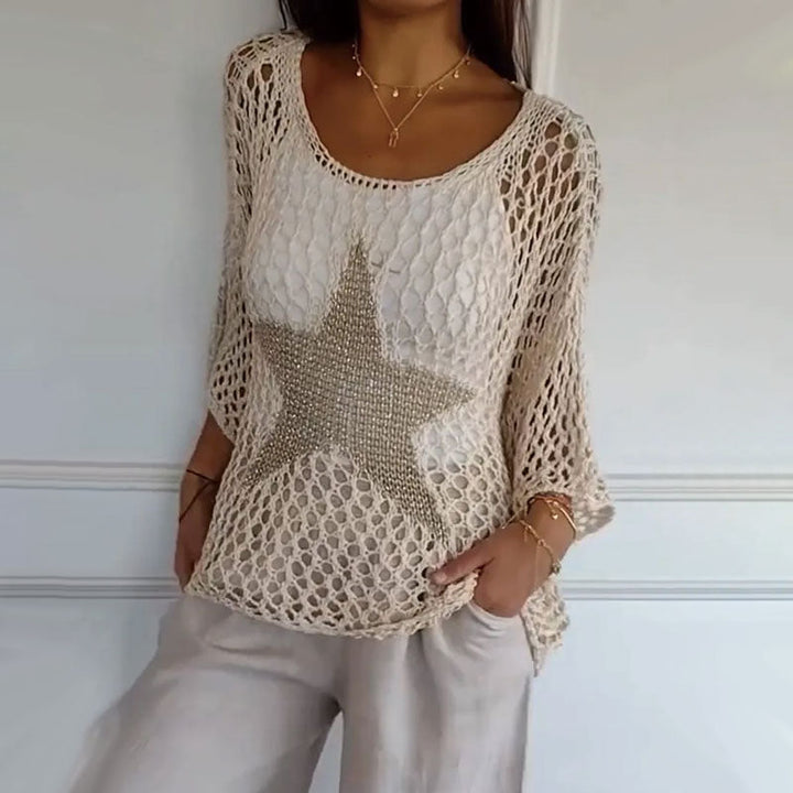 Knitted net top with round neck & crochet pattern - Noelle-White-M-State of Style
