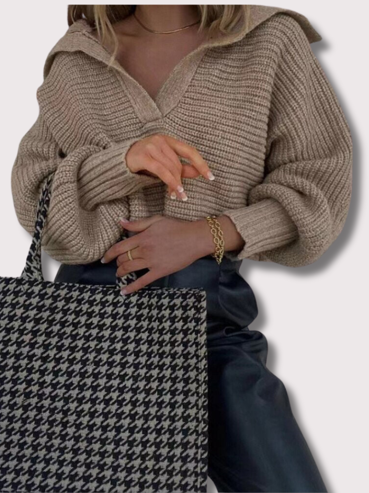 Knitted V-Neck Sweater - Isolde-Khaki-S-State of Style