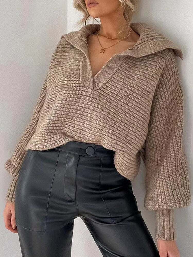 Knitted V-Neck Sweater - Isolde-Khaki-S-State of Style