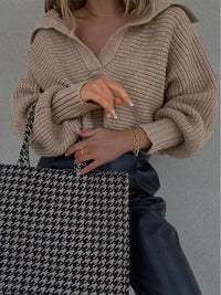 Knitted V-Neck Sweater - Isolde-Khaki-S-State of Style