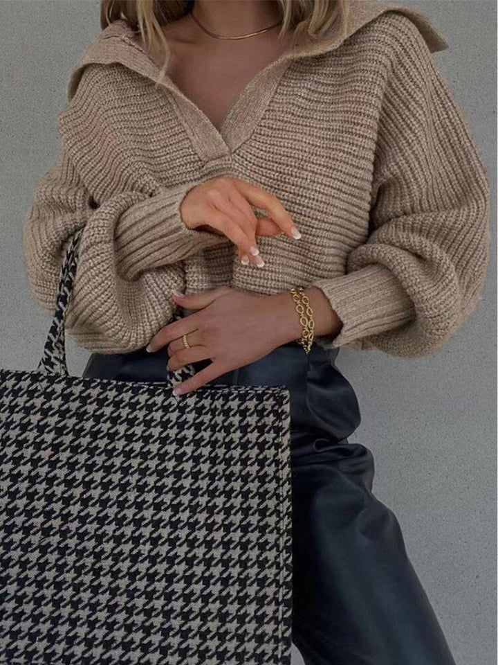 Knitted V-Neck Sweater - Isolde-Khaki-S-State of Style