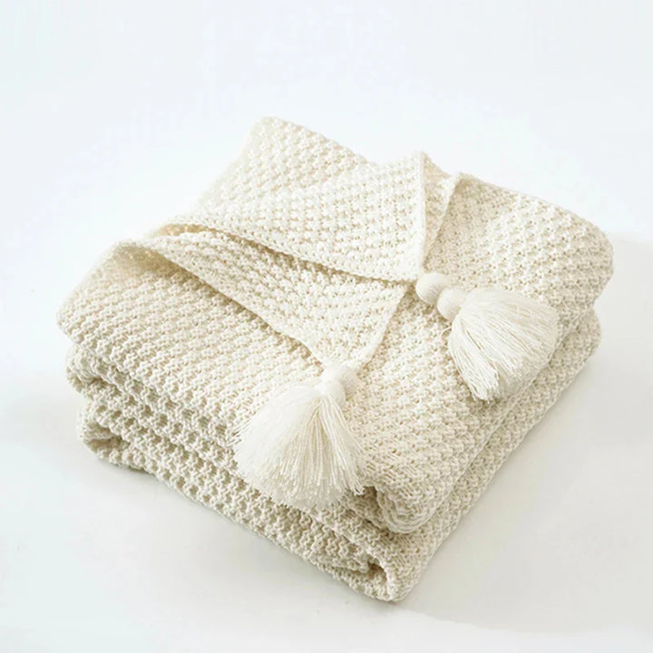Knitted Wool Blanket with Tassels - NordicCozy-Beige-110x150cm-State of Style
