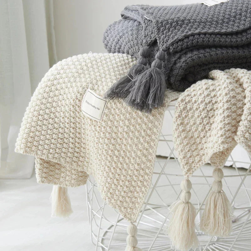 Knitted Wool Blanket with Tassels - NordicCozy-Deep Green-110x150cm-State of Style
