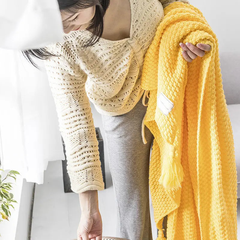 Knitted Wool Blanket with Tassels - NordicCozy-Deep Green-110x150cm-State of Style