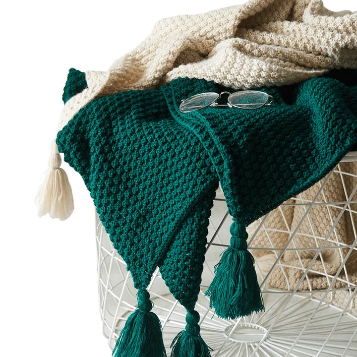 Knitted Wool Blanket with Tassels - NordicCozy-Deep Green-110x150cm-State of Style