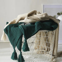 Knitted Wool Blanket with Tassels - NordicCozy-Deep Green-110x150cm-State of Style