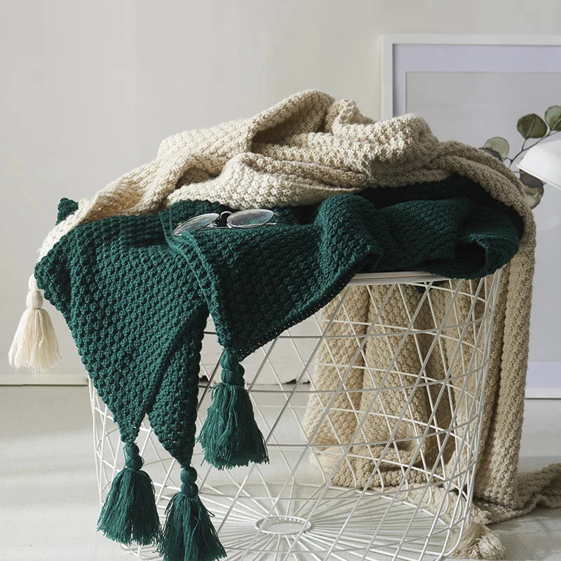 Knitted Wool Blanket with Tassels - NordicCozy-Deep Green-110x150cm-State of Style