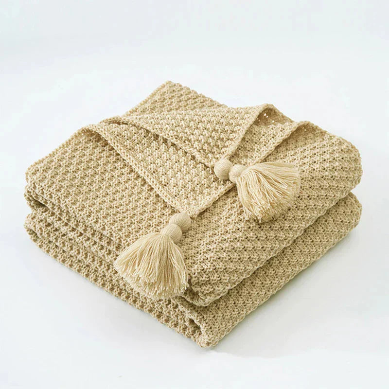 Knitted Wool Blanket with Tassels - NordicCozy-Khaki-110x150cm-State of Style