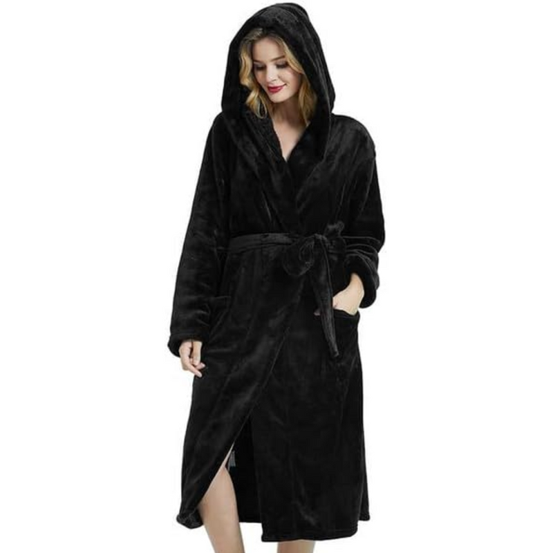 Ladies Fleece Bathrobe with Hood – Vivianne-Black-S-M-State of Style