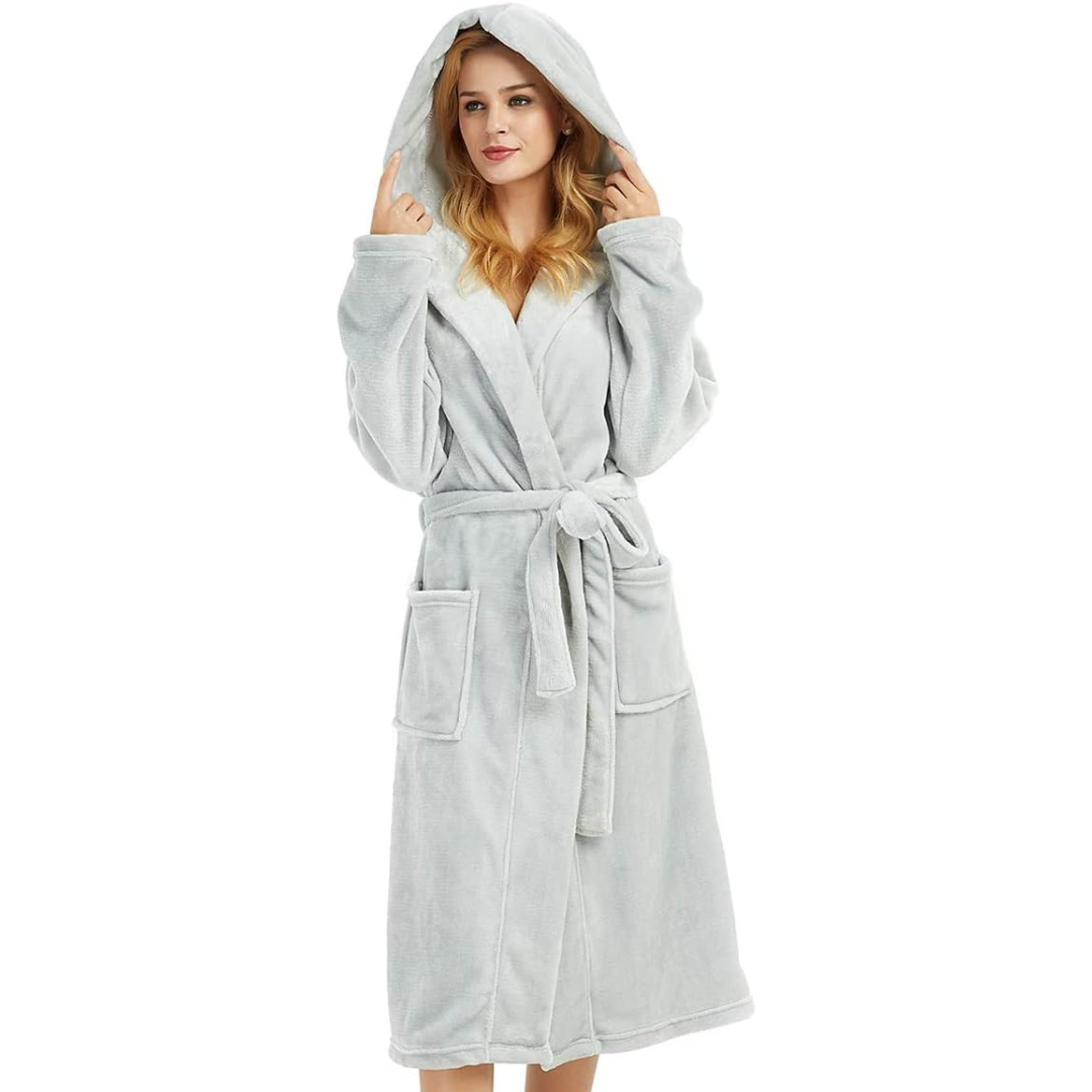 Ladies Fleece Bathrobe with Hood – Vivianne-Light grey-S-M-State of Style