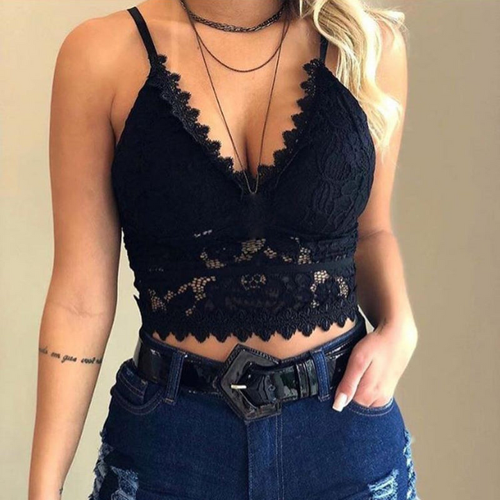 Ladies Lace Top with Spaghetti Straps – Lina-Black-S-State of Style