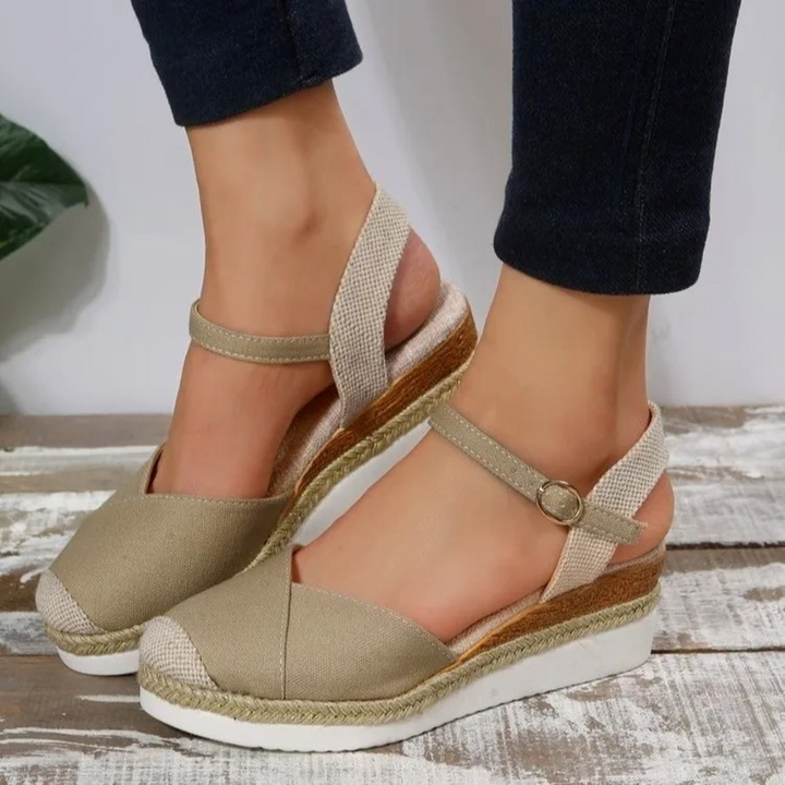 Ladies' Sandals with Buckle Closure and Closed Toe – Isabelle-Green/Brown-3-State of Style
