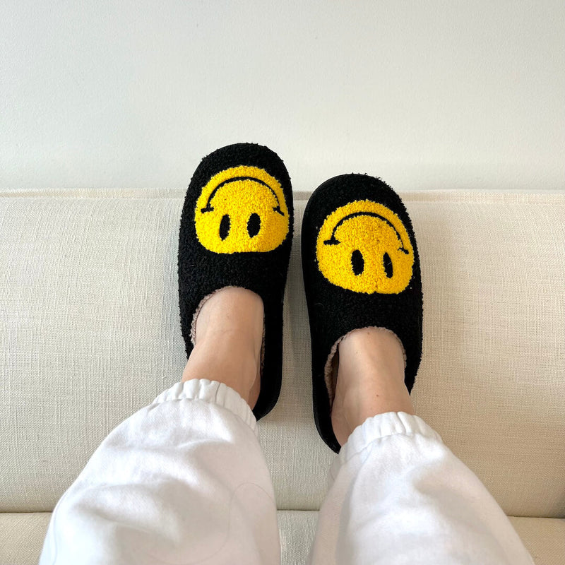 Ladies Slippers - CheerUp-Black with Yellow Smiley-2.5-3.5-State of Style