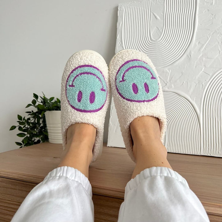 Ladies Slippers - CheerUp-White with Aqua/Pink Smiley-2.5-3.5-State of Style