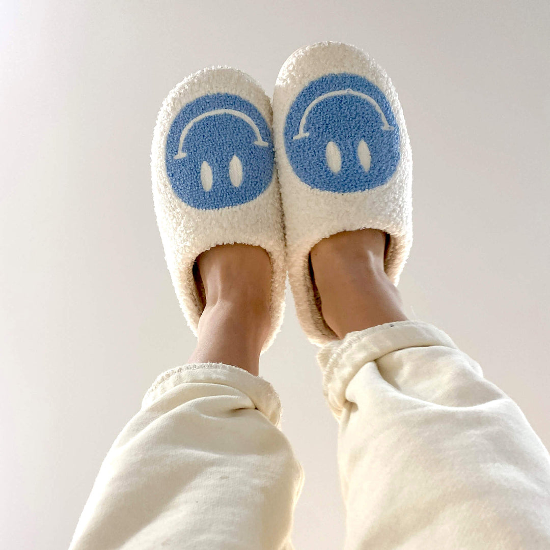 Ladies Slippers - CheerUp-White with Blue Smiley-2.5-3.5-State of Style