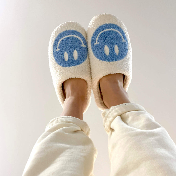 Ladies Slippers - CheerUp-White with Blue Smiley-2.5-3.5-State of Style