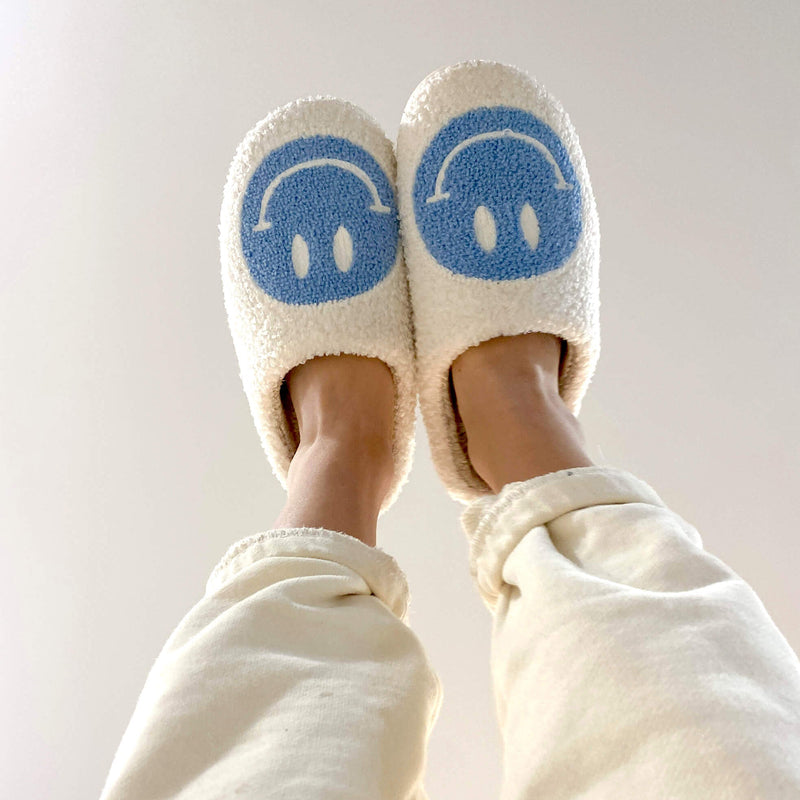 Ladies Slippers - CheerUp-White with Blue Smiley-2.5-3.5-State of Style