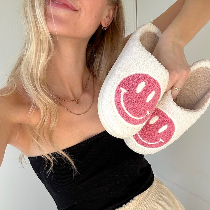 Ladies Slippers - CheerUp-White with Pink Smiley-2.5-3.5-State of Style