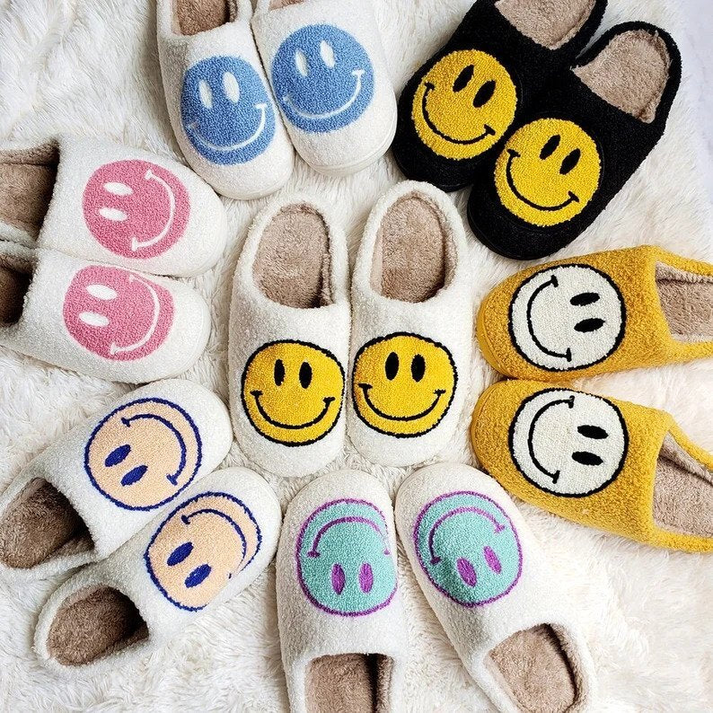 Ladies Slippers - CheerUp-White with Yellow Smiley-2.5-3.5-State of Style