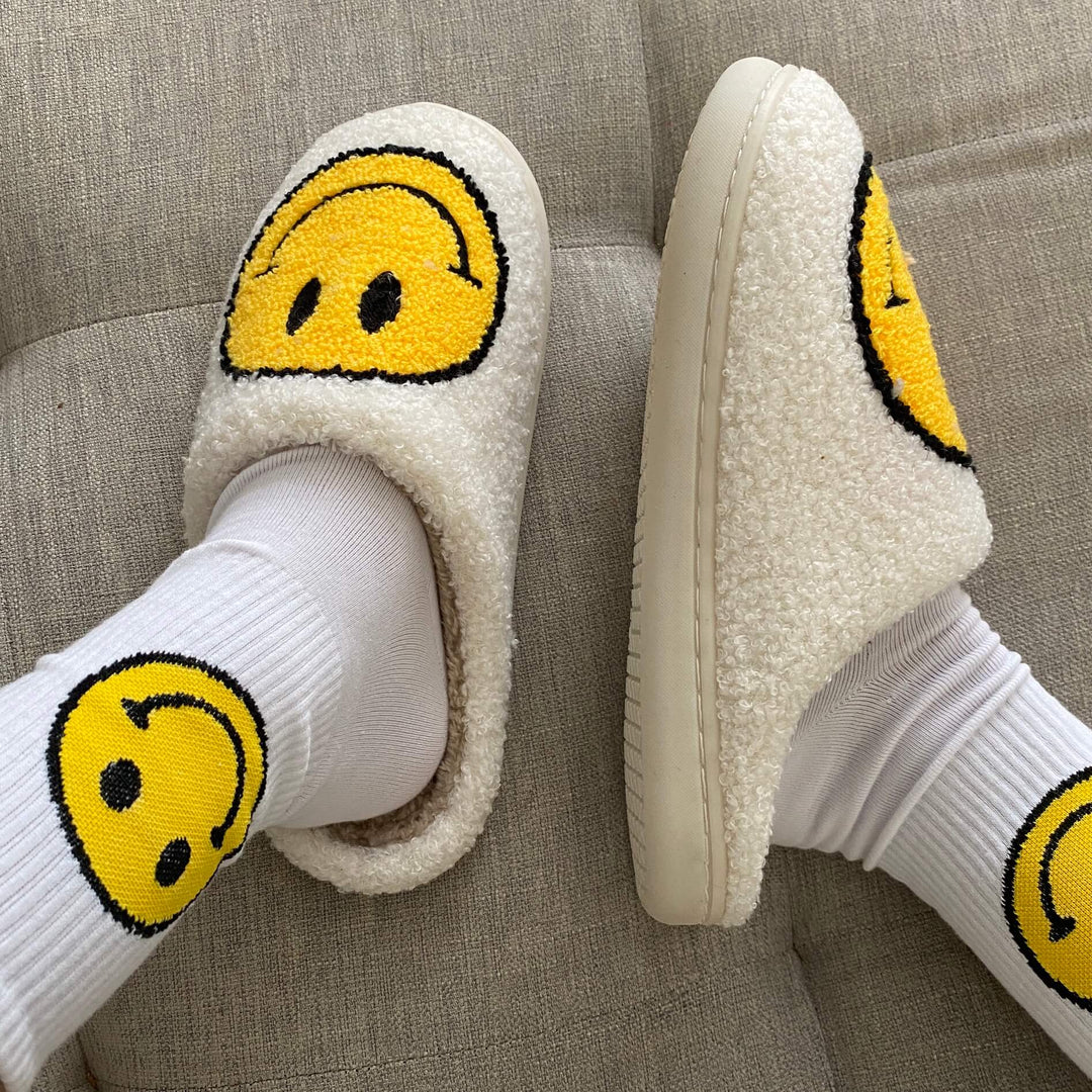 Ladies Slippers - CheerUp-White with Yellow Smiley-2.5-3.5-State of Style