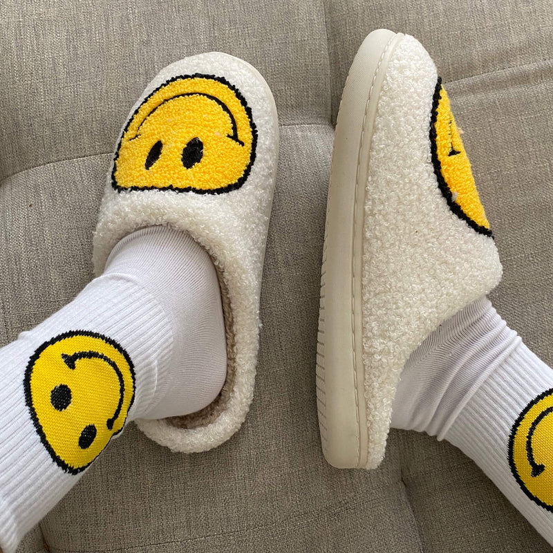 Ladies Slippers - CheerUp-White with Yellow Smiley-2.5-3.5-State of Style