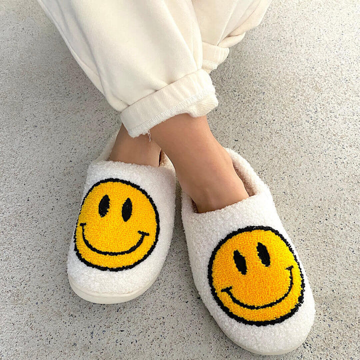 Ladies Slippers - CheerUp-White with Yellow Smiley-2.5-3.5-State of Style