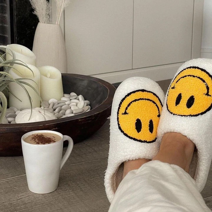 Ladies Slippers - CheerUp-White with Yellow Smiley-2.5-3.5-State of Style