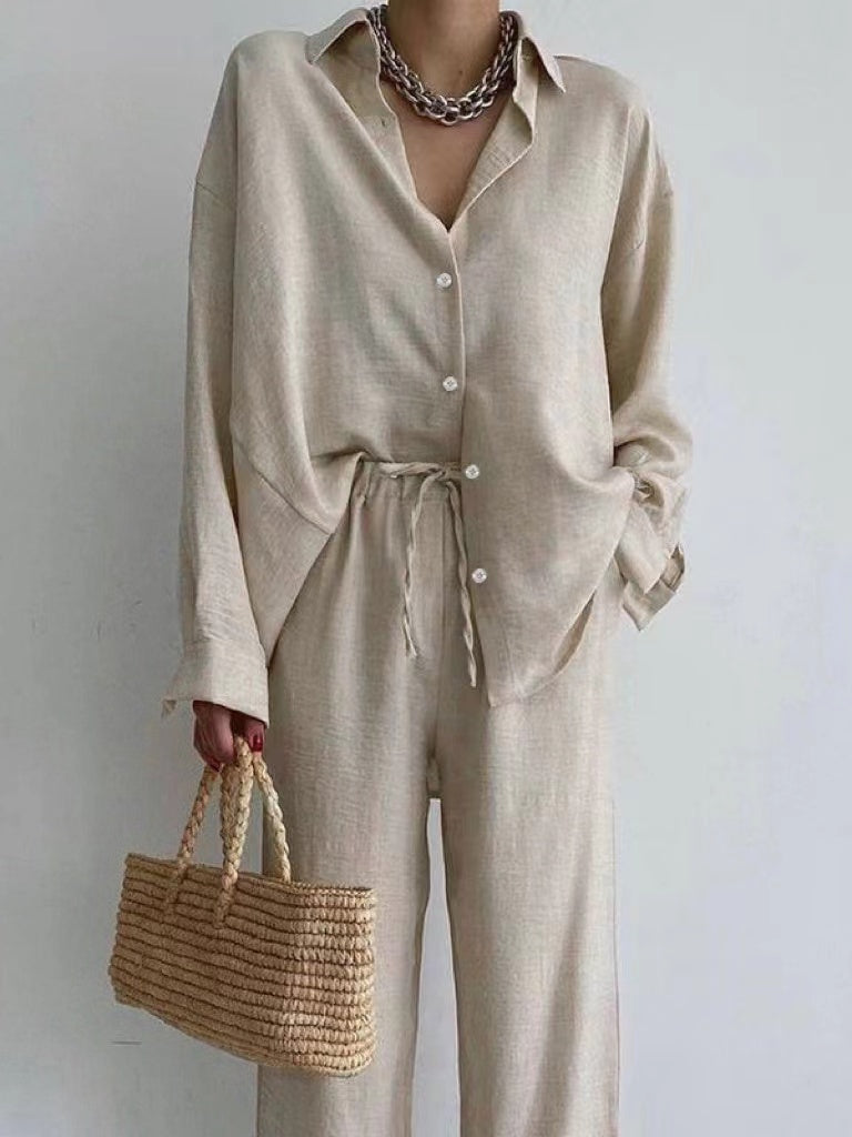 Ladies Somersets with Light Blouse and Wide Trousers - Noa-Beige-S-State of Style