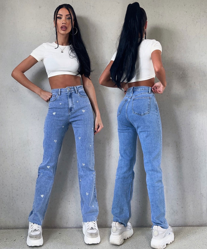 Ladies Stretch Jeans with Wide Legs and Heart Print - Amelie-XS-State of Style