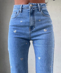 Ladies Stretch Jeans with Wide Legs and Heart Print - Amelie-XS-State of Style