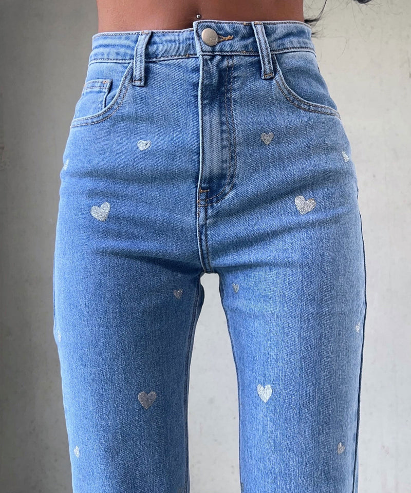 Ladies Stretch Jeans with Wide Legs and Heart Print - Amelie-XS-State of Style