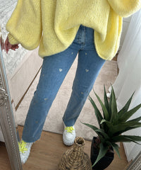 Ladies Stretch Jeans with Wide Legs and Heart Print - Amelie-XS-State of Style