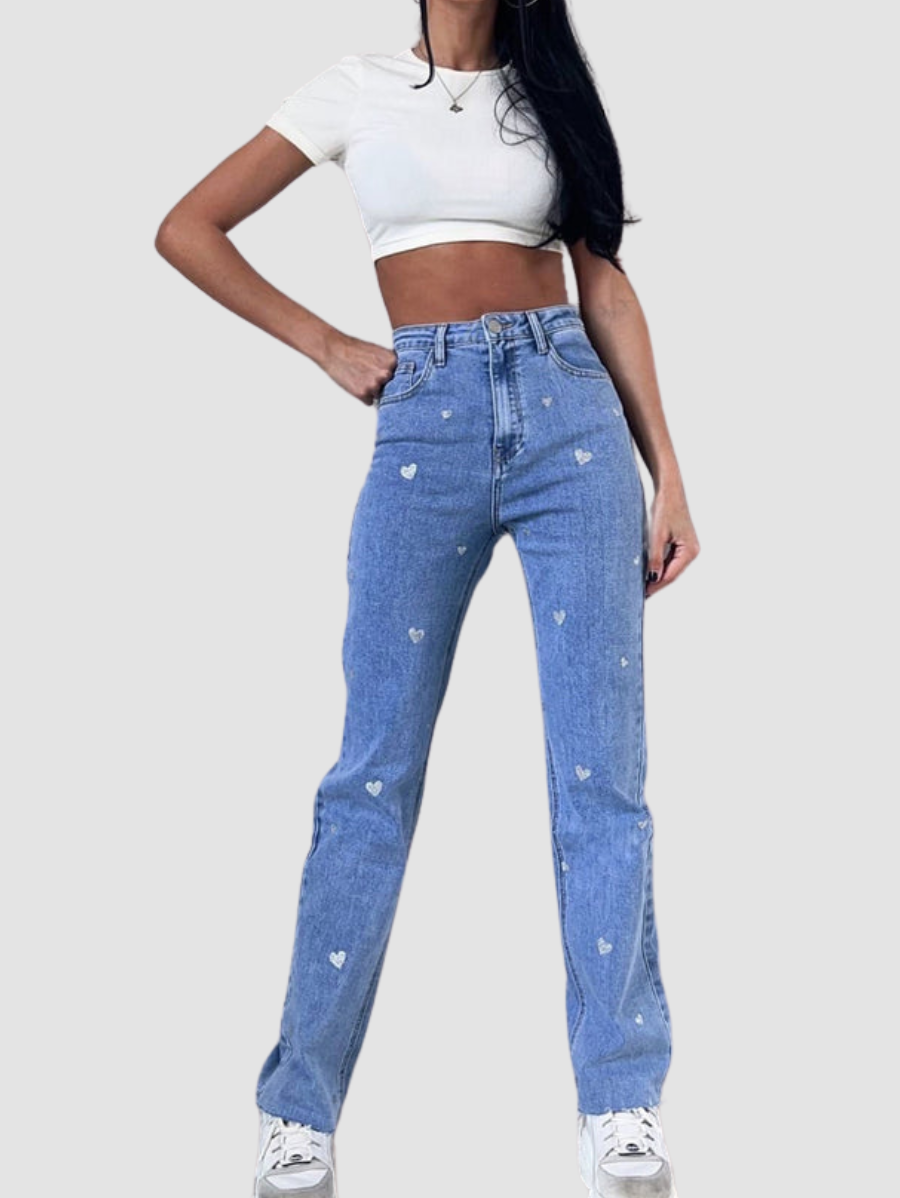 Ladies Stretch Jeans with Wide Legs and Heart Print - Amelie-XS-State of Style