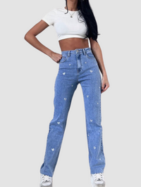 Ladies Stretch Jeans with Wide Legs and Heart Print - Amelie-XS-State of Style