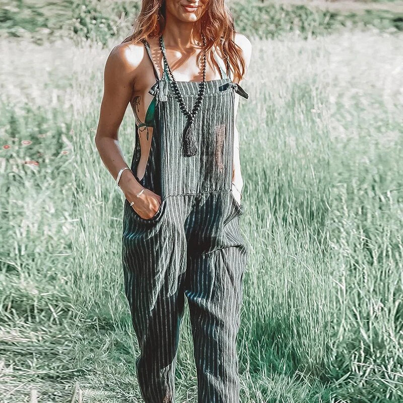 Ladies' Summer Jumpsuit with Adjustable Straps and Tapered Legs – Mireya-Dark green-S-State of Style