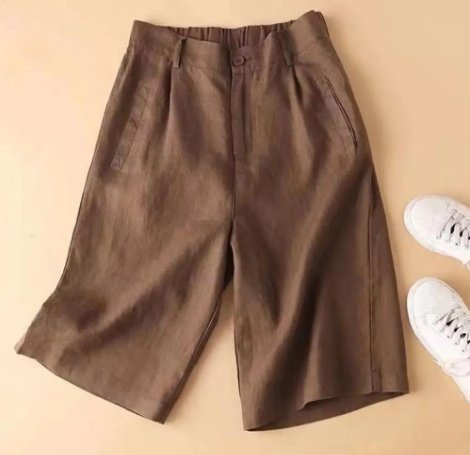 Ladies' summer shorts made of linen-cotton blend in knee length – Elvira-Coffee brown-S-State of Style