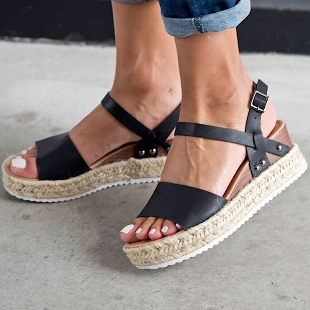Ladies' wedge espadrille sandals with strap - Livia-Black-3-State of Style