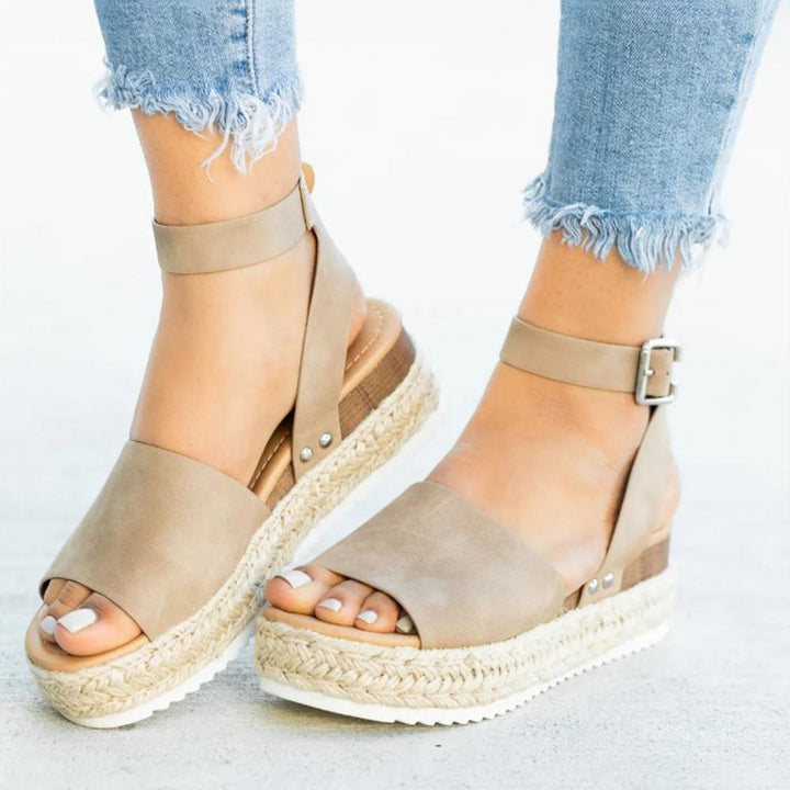 Ladies' wedge espadrille sandals with strap - Livia-Khaki-3-State of Style