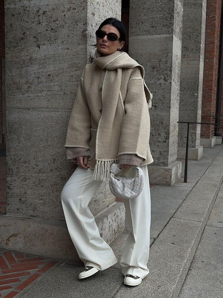 Ladies' Winter Coat with Scarf - Celeste-Beige-S-State of Style