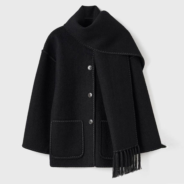 Ladies' Winter Coat with Scarf - Celeste-Black-S-State of Style