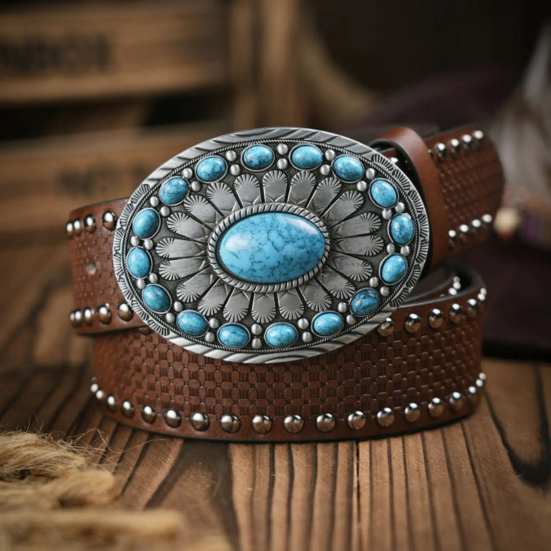 Lara Traditional Belt – Western-Style PU Leather Belt with Bull Buckle-Coffee-State of Style