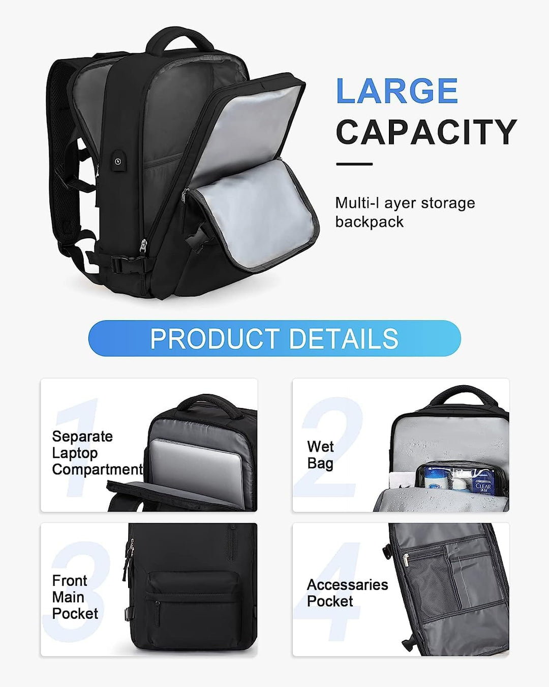 Waterproof Travel Backpack with Shoe Compartment & USB Port – 14" Laptop Fit