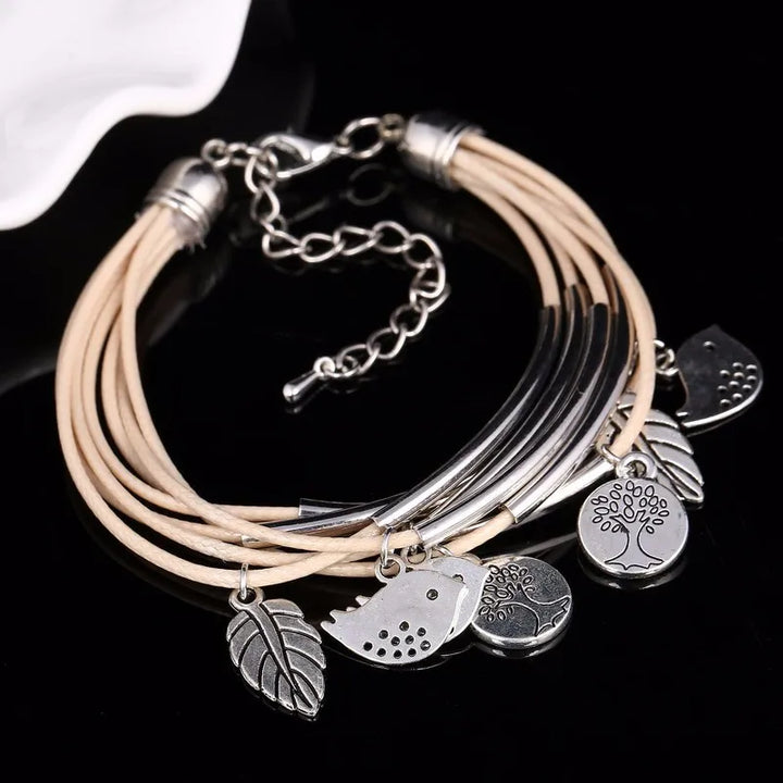 Layered Natural Leather Bracelet | Multi-Strand Women's Jewellery-BEIGE-State of Style