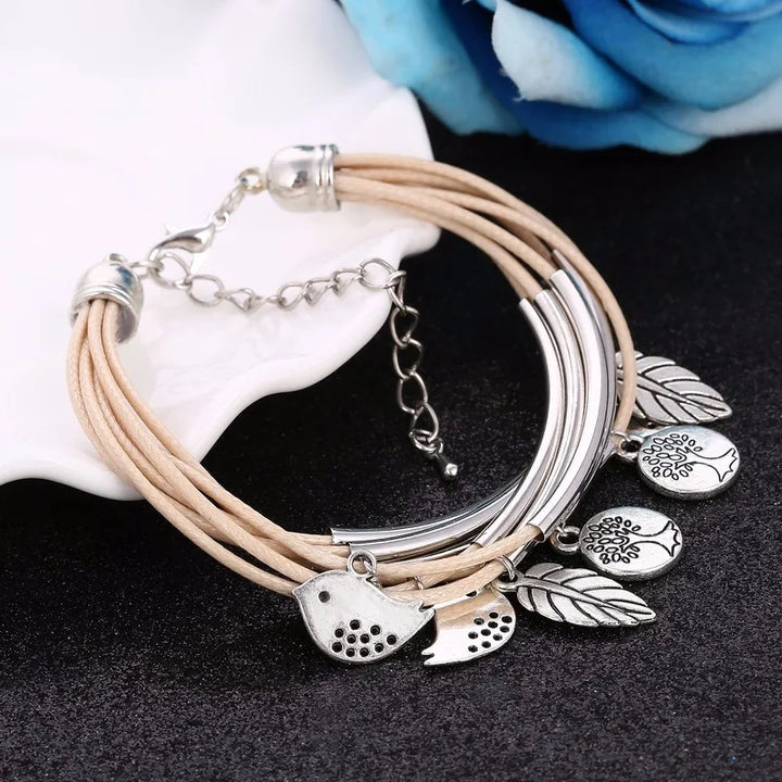 Layered Natural Leather Bracelet | Multi-Strand Women's Jewellery-BEIGE-State of Style