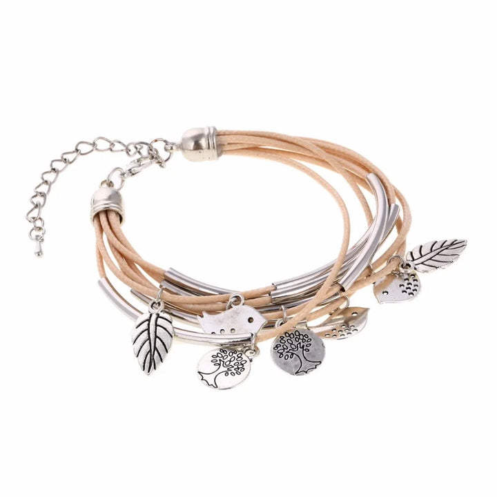 Layered Natural Leather Bracelet | Multi-Strand Women's Jewellery-BEIGE-State of Style
