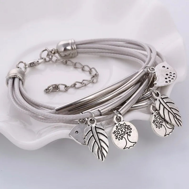 Layered Natural Leather Bracelet | Multi-Strand Women's Jewellery-BEIGE-State of Style