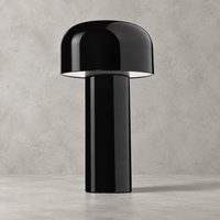Glossy black lamp with domed shade and white underside glow, against a grey wall 33