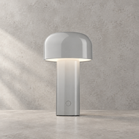 Glossy light grey lamp lit against a textured grey wall, touch button on the stem 32
